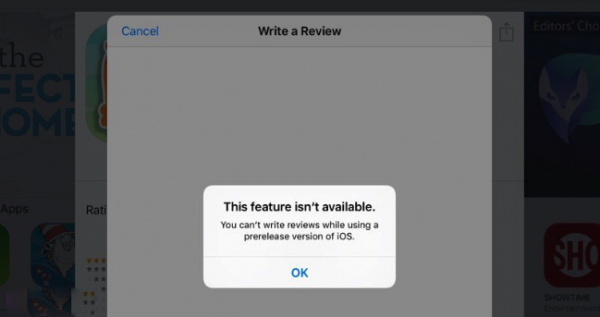 苹果禁用了iOS 9测试版系统中的App Store评论功能