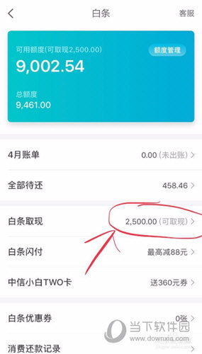 点击红框标识内的“白条取现”选项