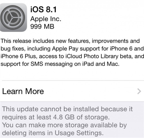 苹果iOS8.1升级内存不够怎么办？
