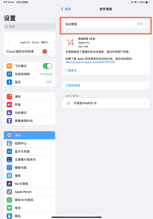 ipad如何取消系统自动更新