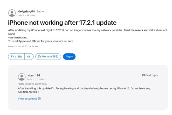 iPhone  15升级iOS17.2.1后不能打电话怎么办？